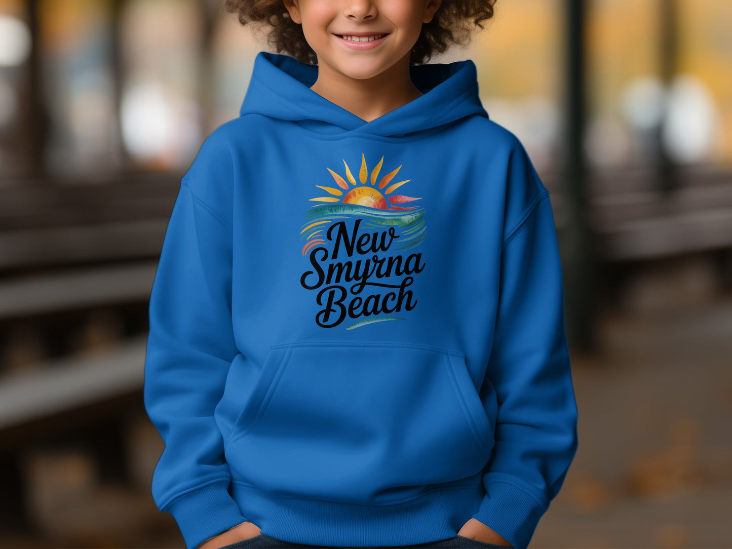 New Smyrna Beach Hoodie with Colorful Sunset Design product type