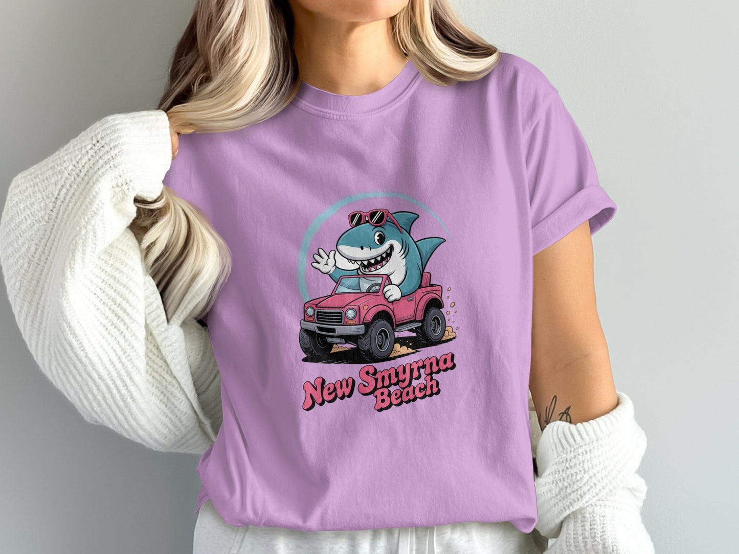 New Smyrna Beach Shark Driving Pink Car T-Shirt product