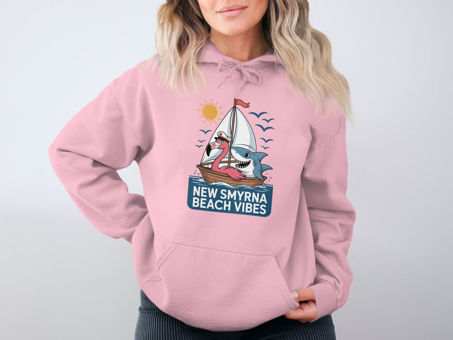 New Smyrna Beach Vibes Flamingo and Shark Hoodie Product