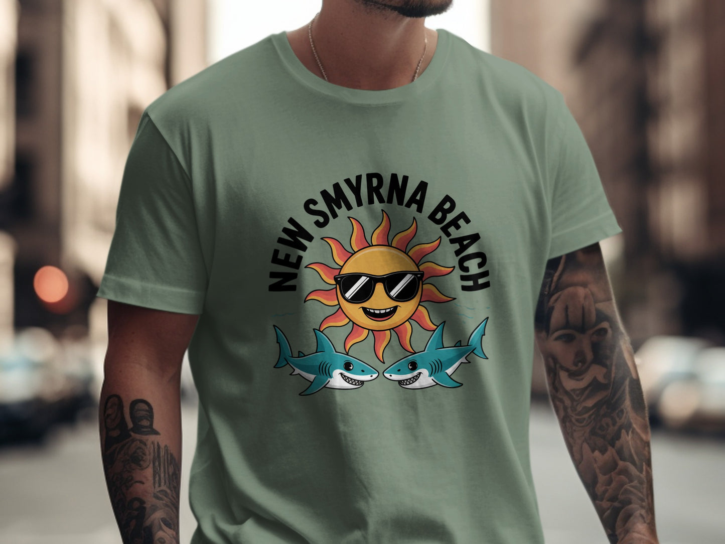 New Smyrna Beach Sun And Sharks Design T-Shirt product type