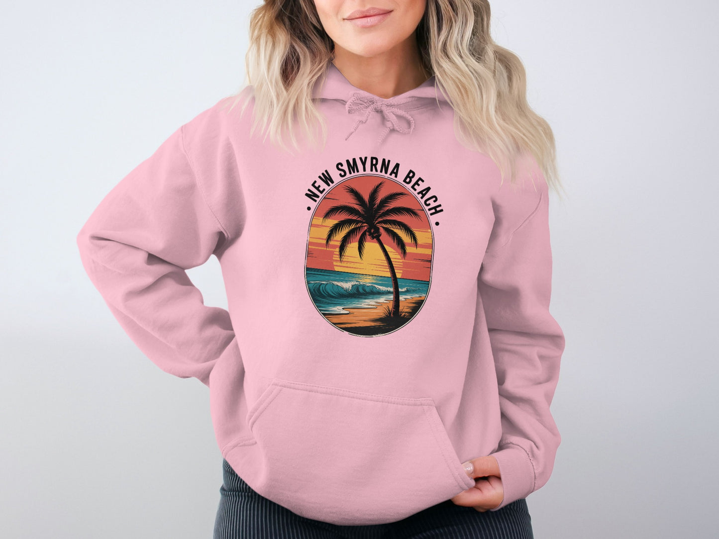 New Smyrna Beach Hoodie with Sunset and Palm Tree product