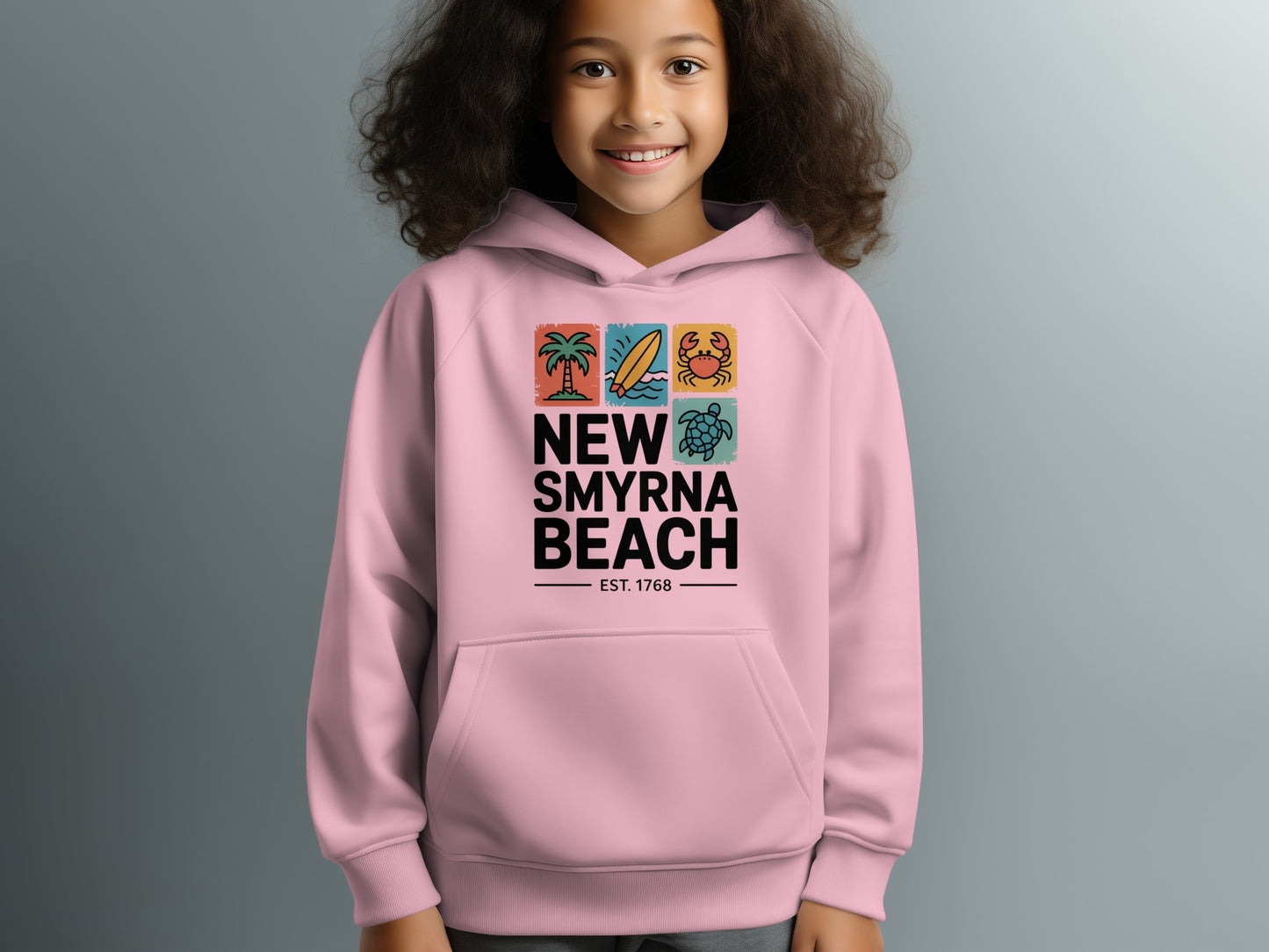 New Smyrna Beach EST 1768 Hoodie with Iconic Graphics product type