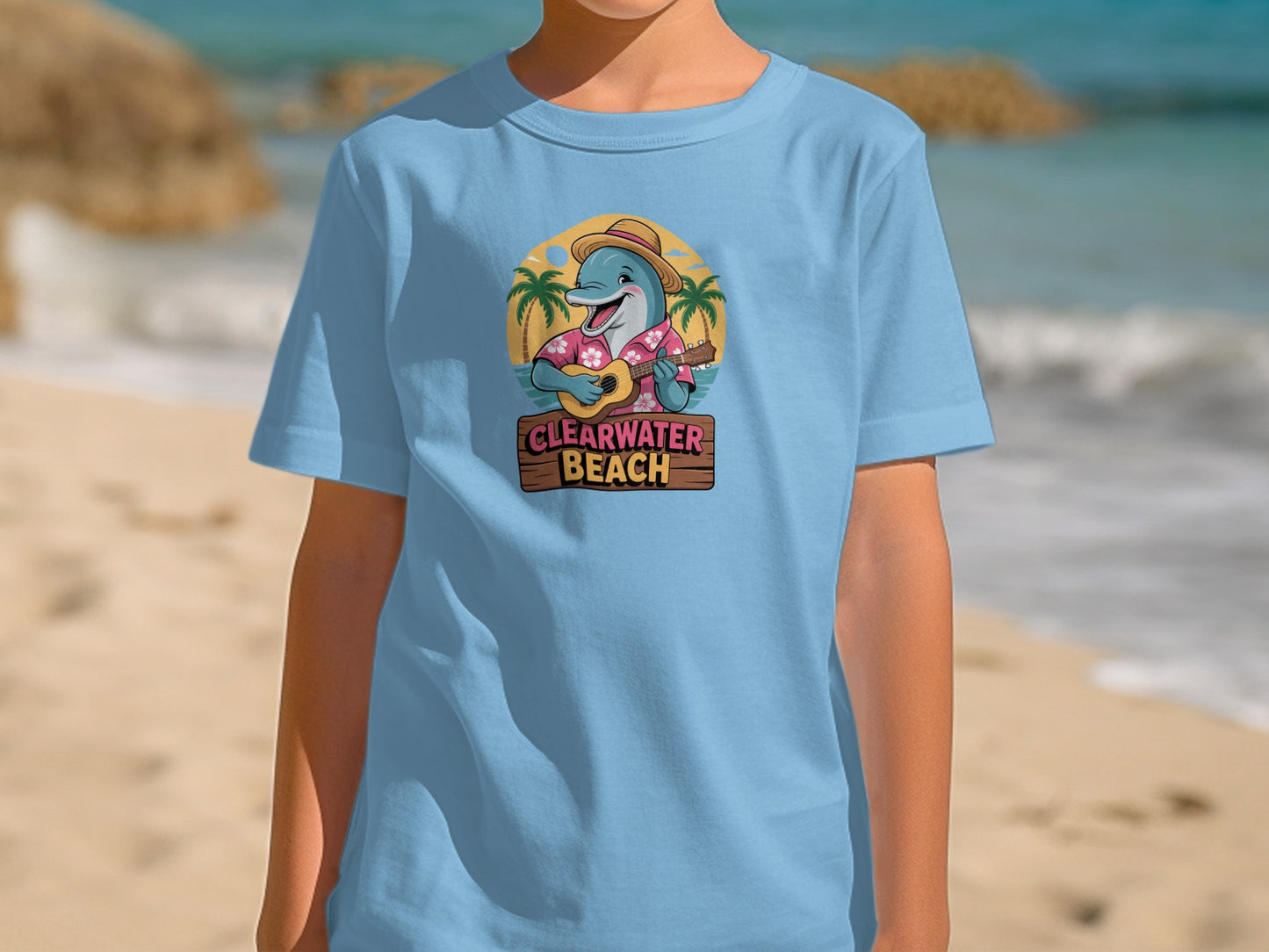 Kids T-shirt with Fun Clearwater Beach Dolphin Print product type
