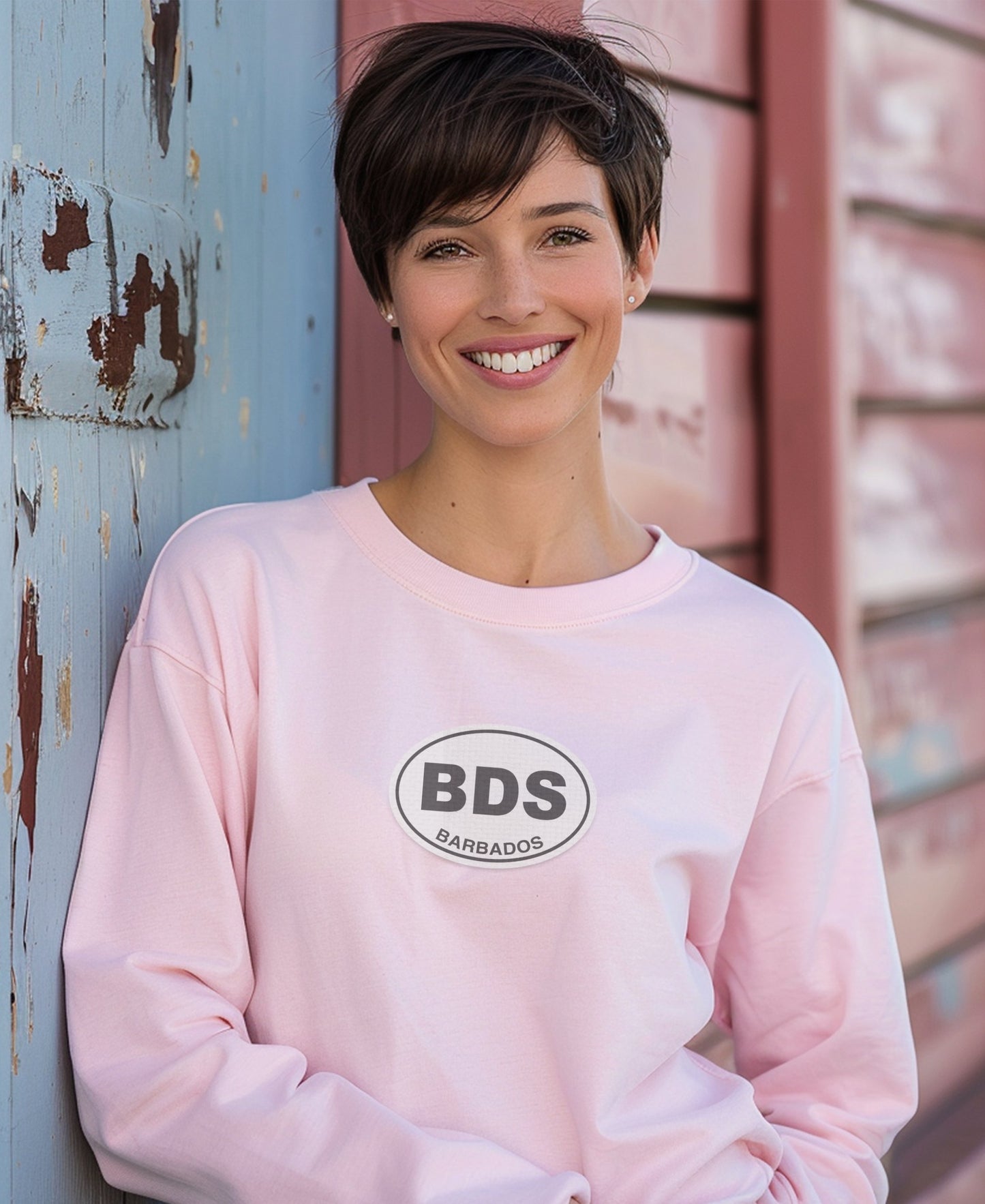 Smiling Woman in BDS Barbados Logo Shirt product type