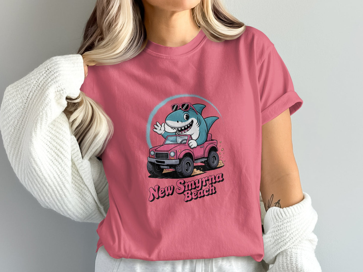 New Smyrna Beach Shark Driving Pink Cartoon T-Shirt product