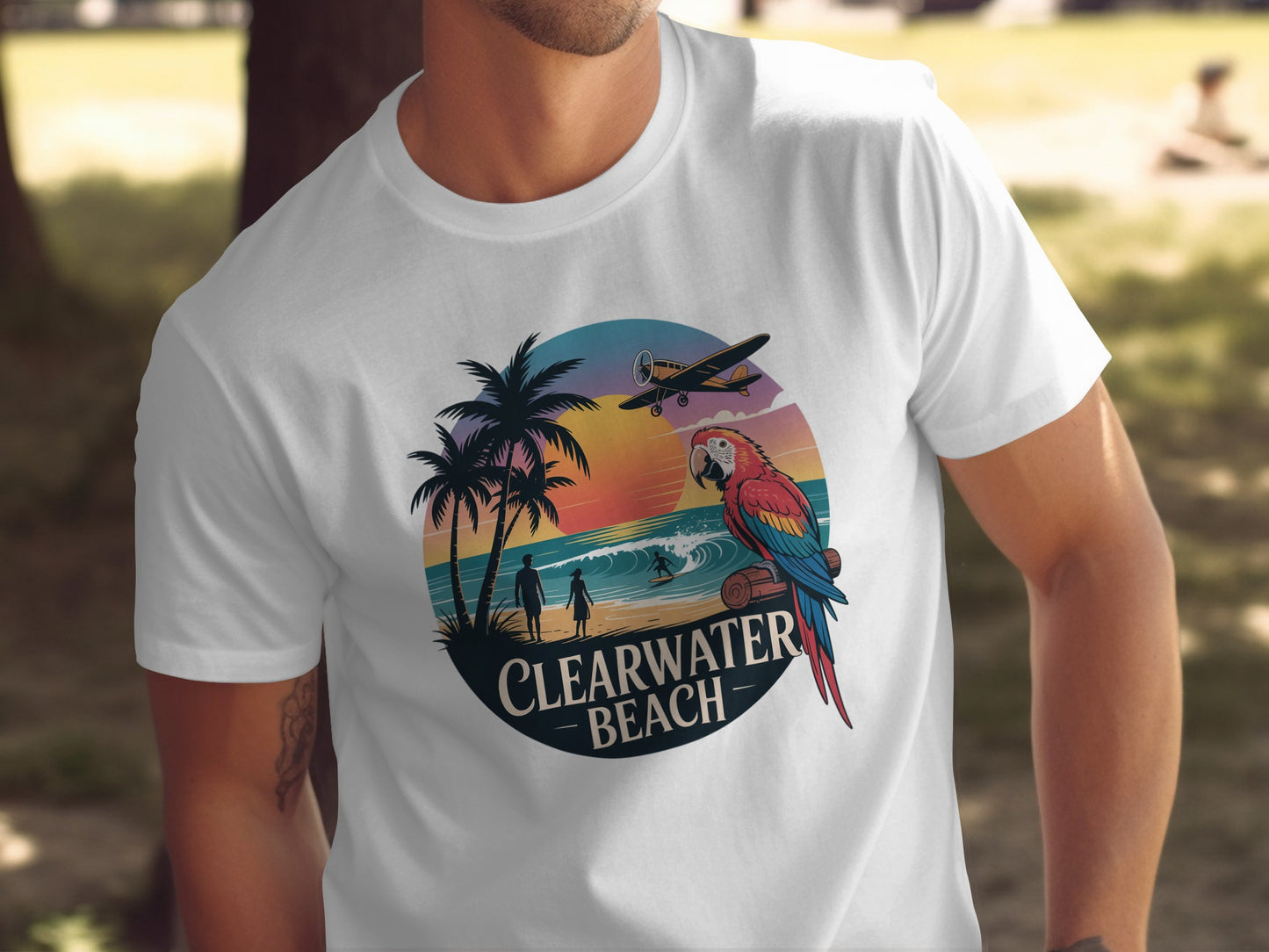 Clearwater Beach Parrot and Airplane Design T-Shirt Product
