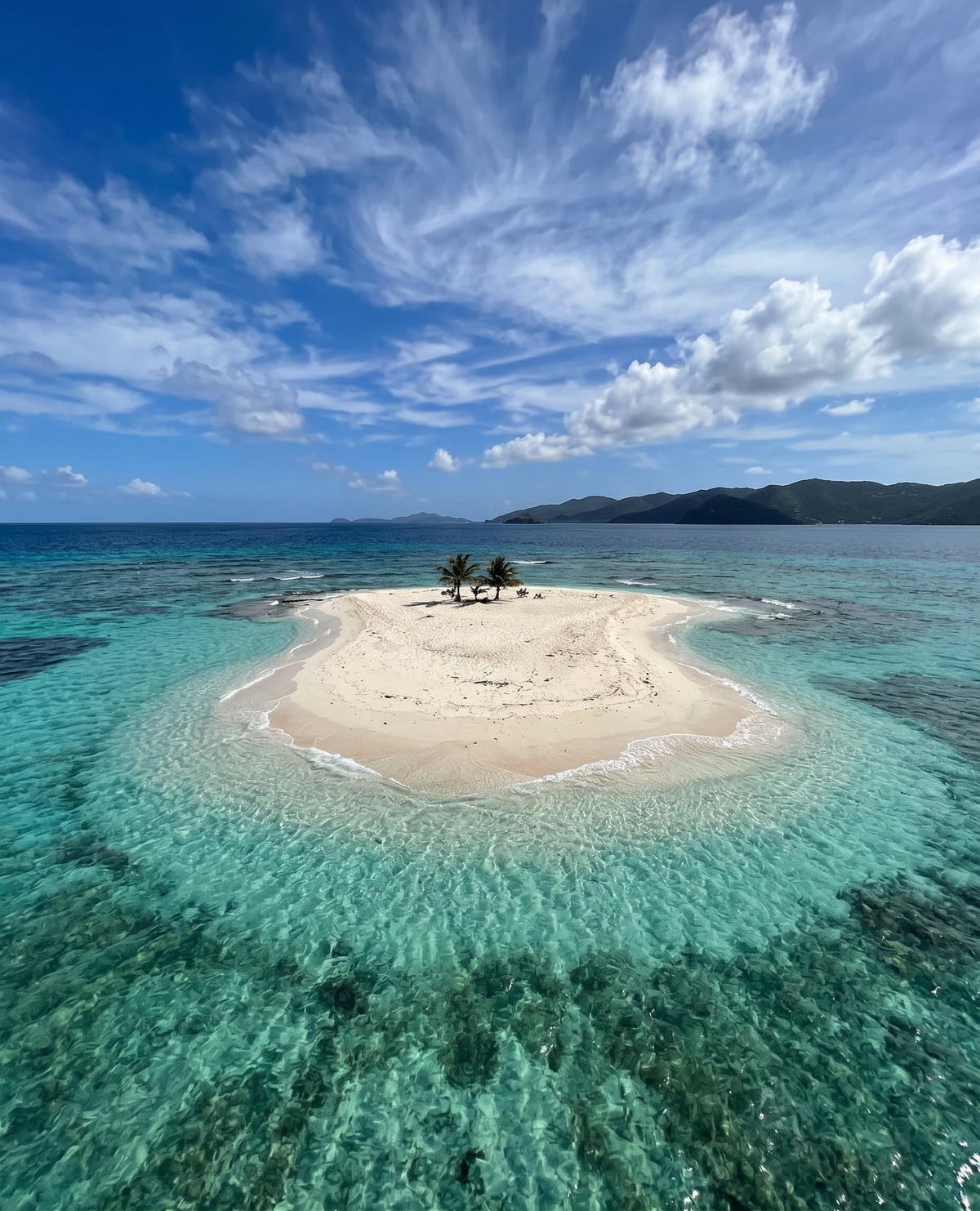 Sandy Spit's white-sand beach and palm trees surrounded by clear turquoise water in the British Virgin Islands.