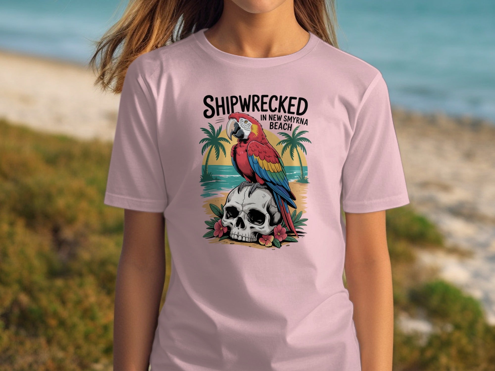 Shipwrecked Beach Parrot Skull Graphic Shirt product type