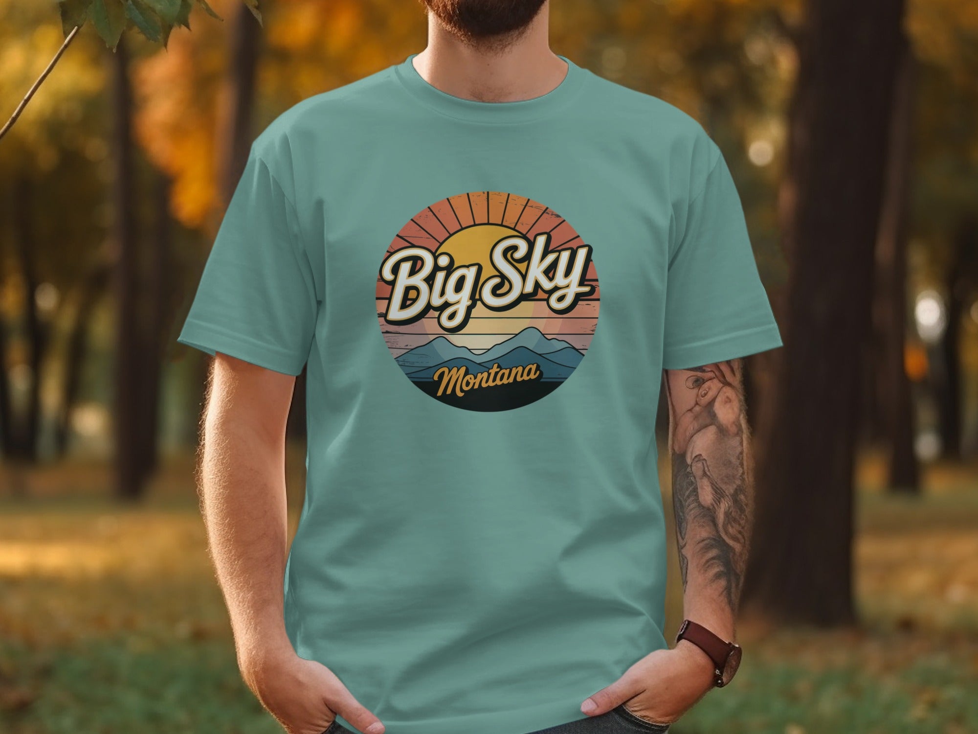 Big Sky Montana T-Shirt Bohemian Sunset Scene Design