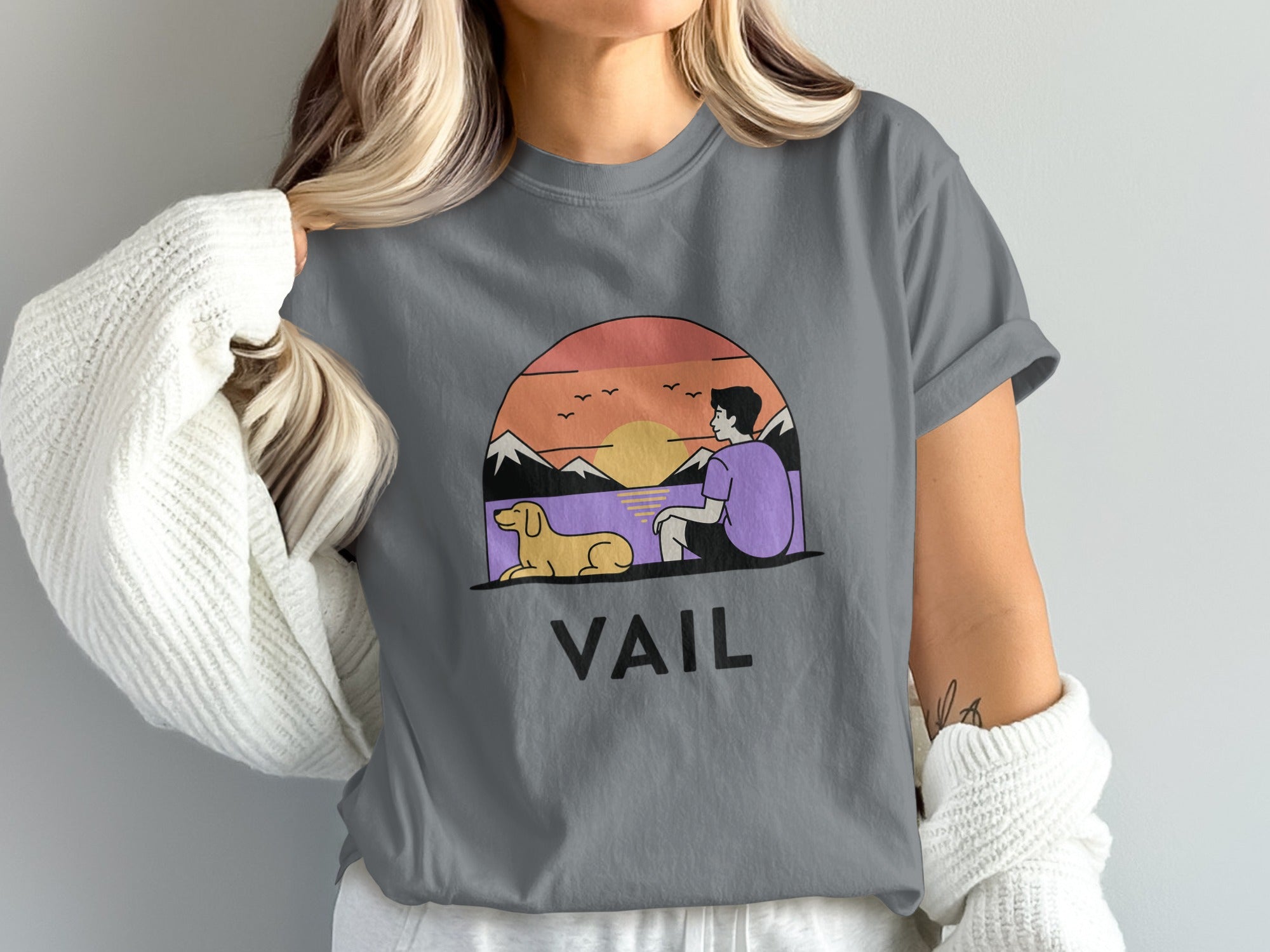Vail Sunset Scene with Dog and Person T-Shirt product