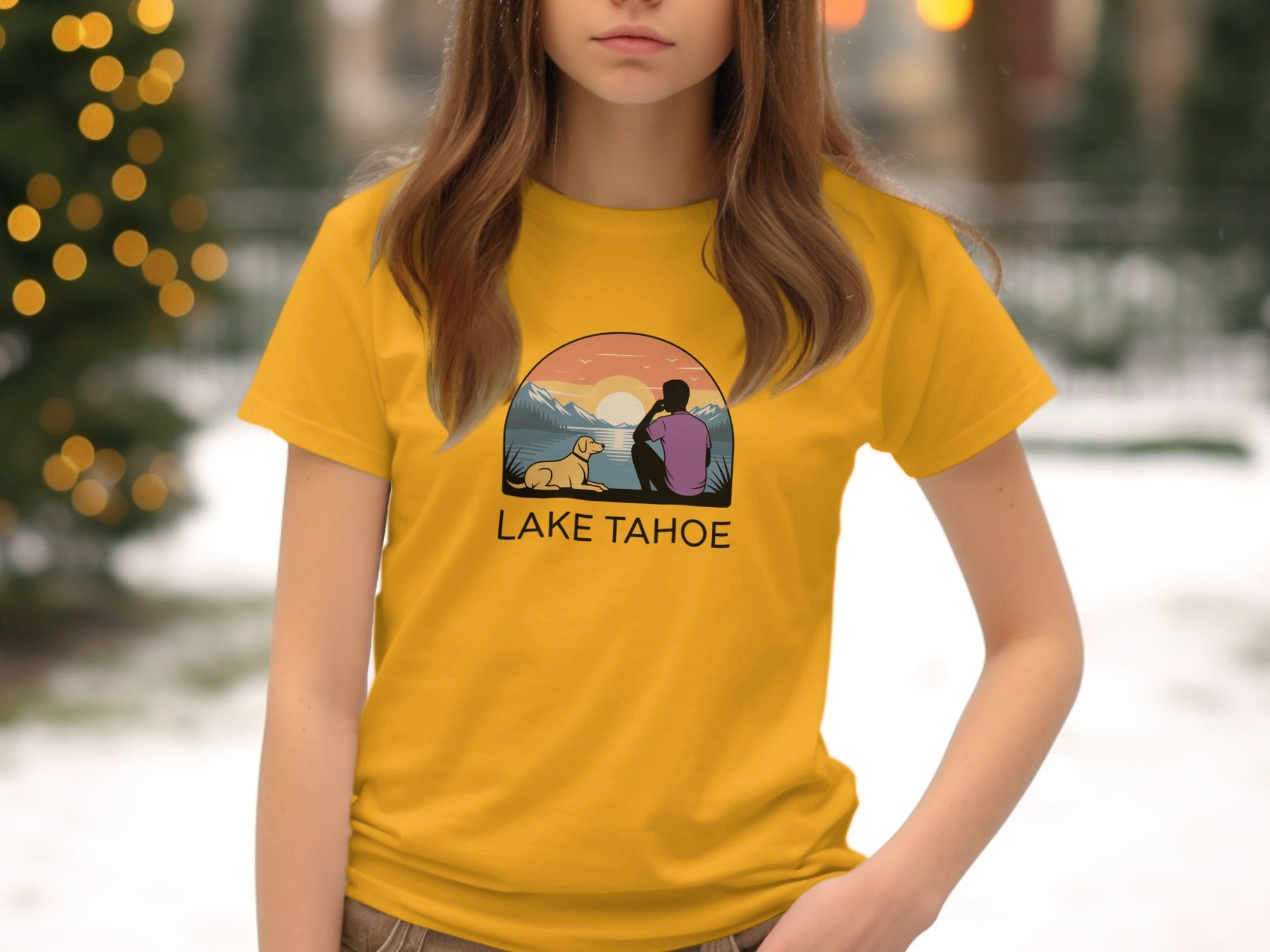 Lake Tahoe Scenic Print on Yellow T-Shirt Product