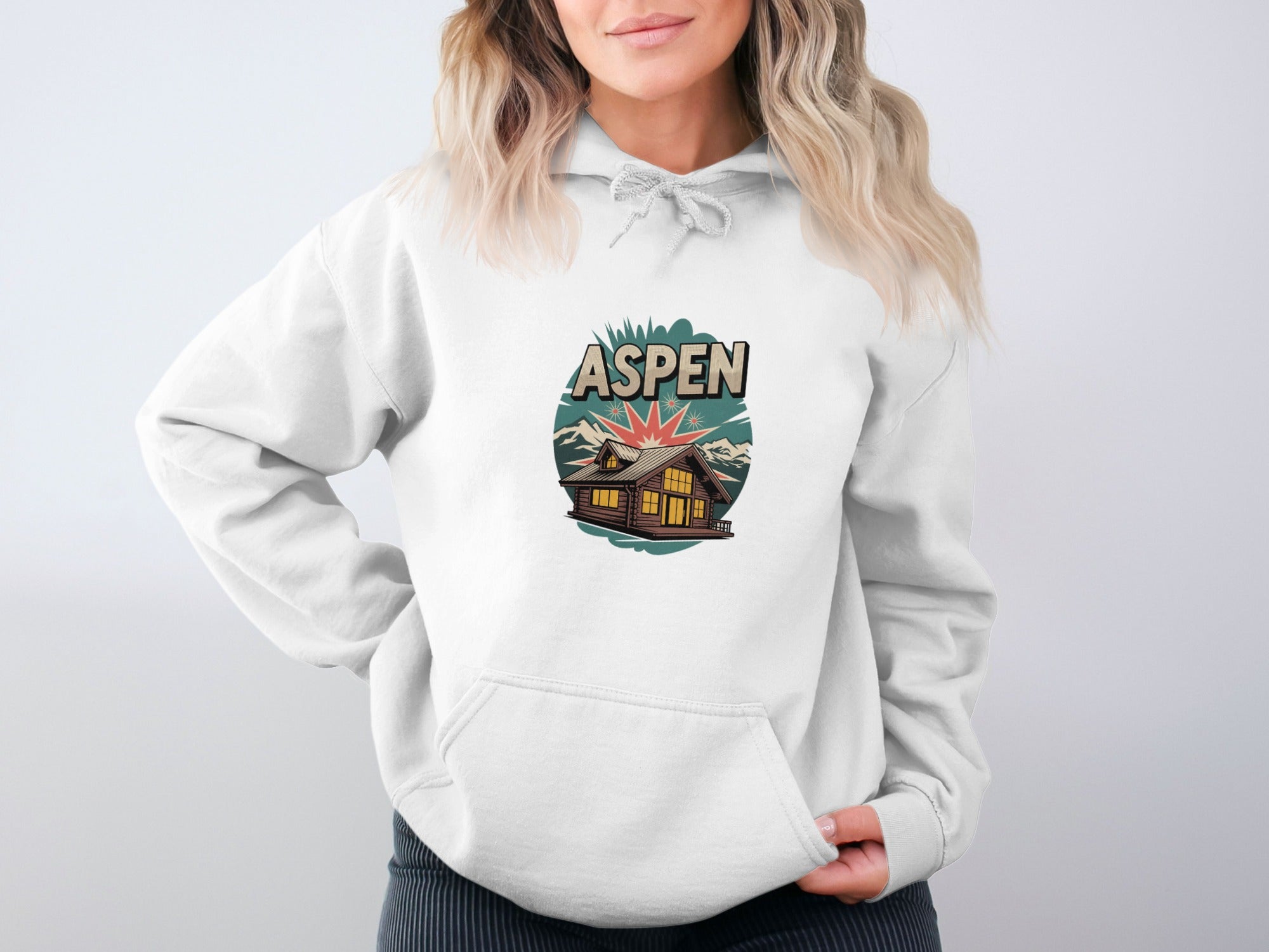 Aspen Mountain Cabin Graphic White Hoodies product type