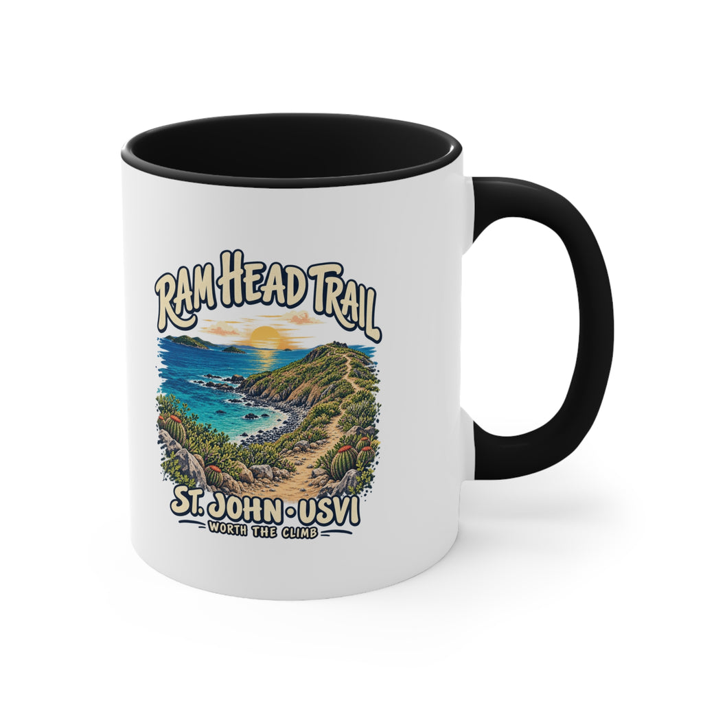 Ram Head Trail St John USVI coastal artwork on the printed side of a ceramic accent coffee mug.