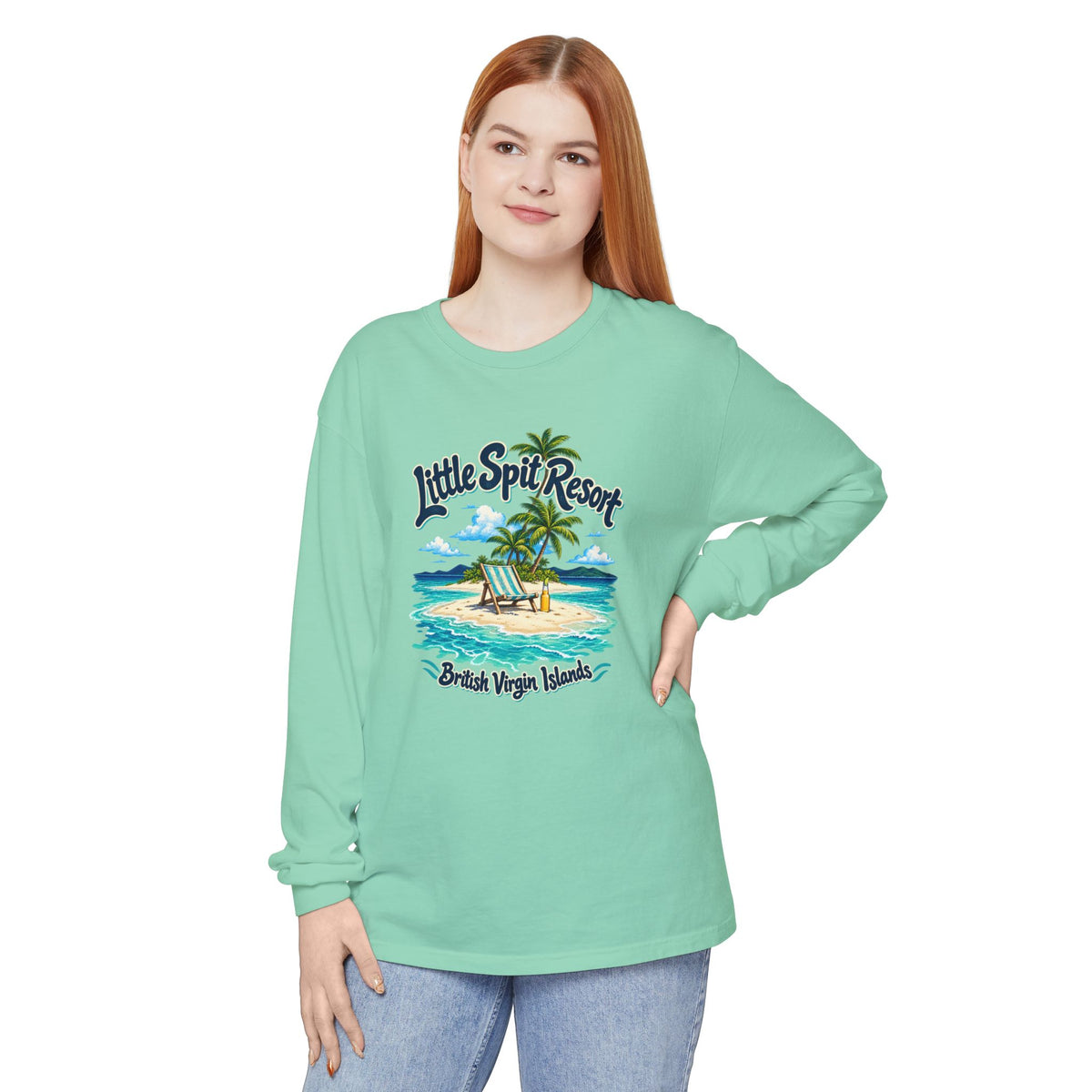 Model wearing the Little Spit Resort BVI Comfort Colors 6014 long-sleeve T-shirt with a beach-chair and palm-tree island graphic.