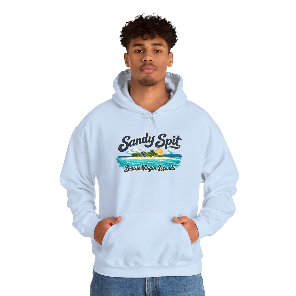 Model wearing the Sandy Spit BVI Gildan 18500 hoodie with colorful palm-tree island artwork and British Virgin Islands lettering.