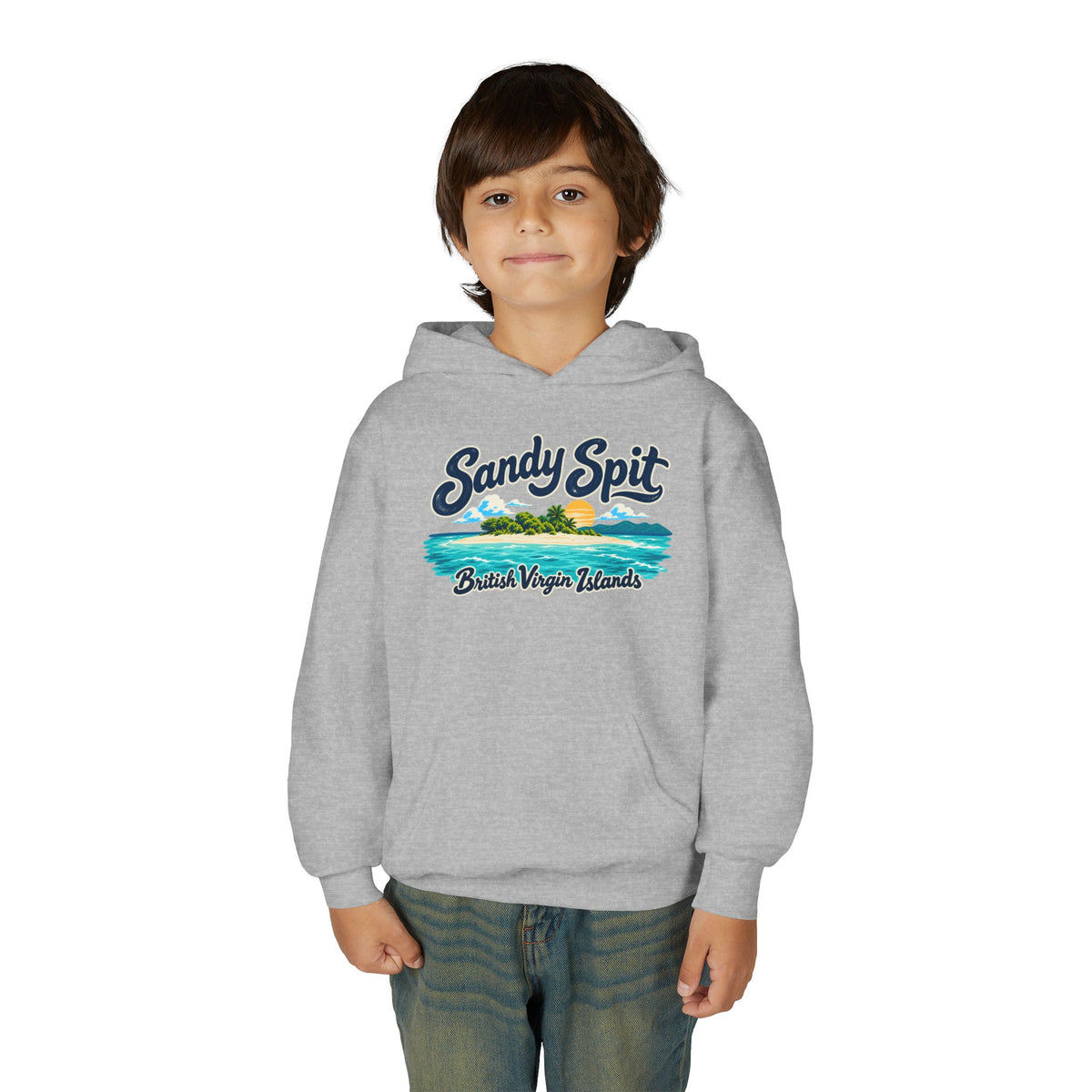 Young model wearing the Sandy Spit BVI Gildan 18500B youth hoodie, front-view mockup.