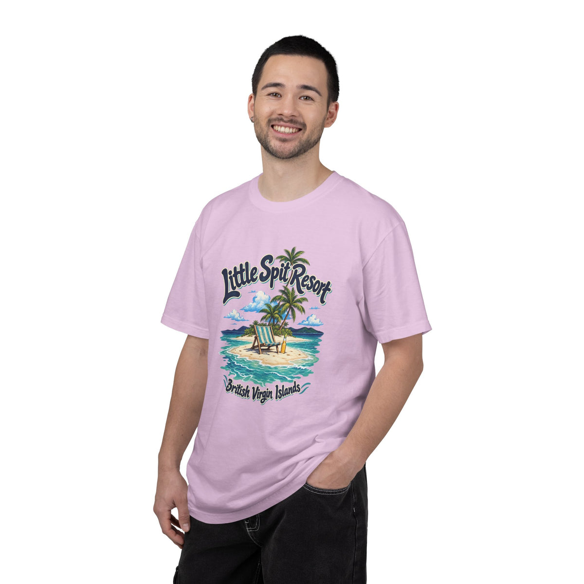 Model wearing the Little Spit Resort BVI Comfort Colors 1717 T-shirt with a playful beach-chair, palm-tree, and bottle illustration.