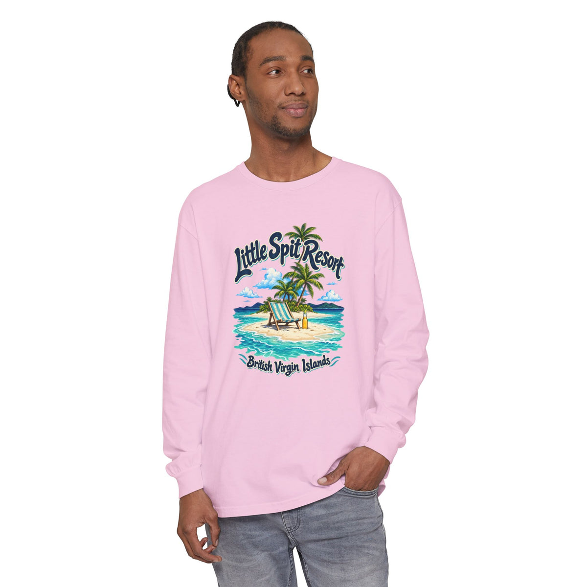 Model wearing the Little Spit Resort BVI Comfort Colors 6014 long-sleeve T-shirt with a beach-chair and palm-tree island graphic.
