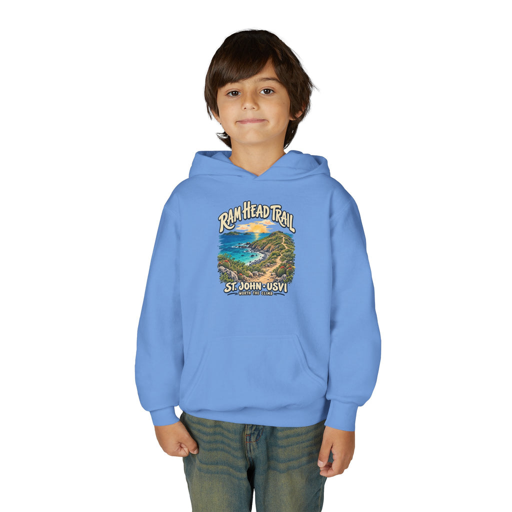 Youth model wearing a Gildan 18500B hoodie with Ram Head Trail St John USVI coastal artwork.