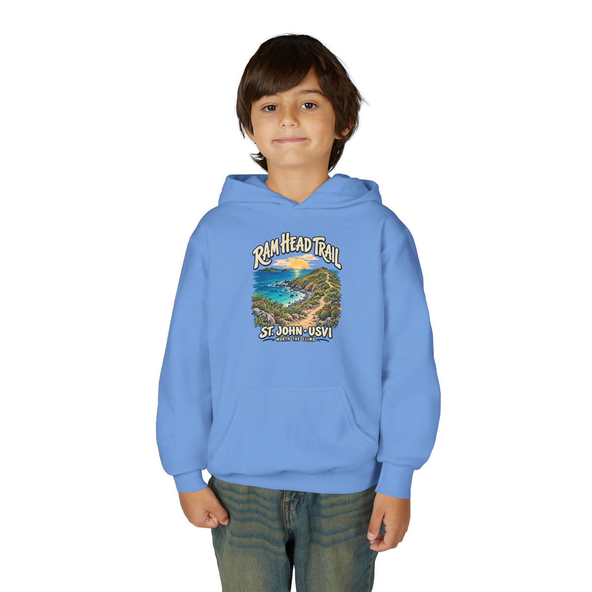 Youth model wearing a Gildan 18500B hoodie with Ram Head Trail St John USVI coastal artwork.