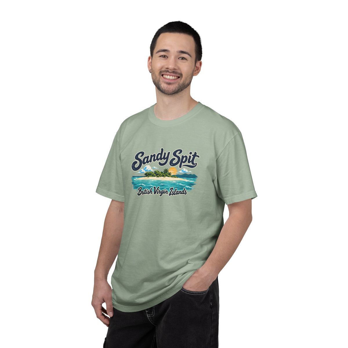 Model wearing the Sandy Spit BVI Comfort Colors 1717 T-shirt with colorful palm-tree island artwork and British Virgin Islands lettering.