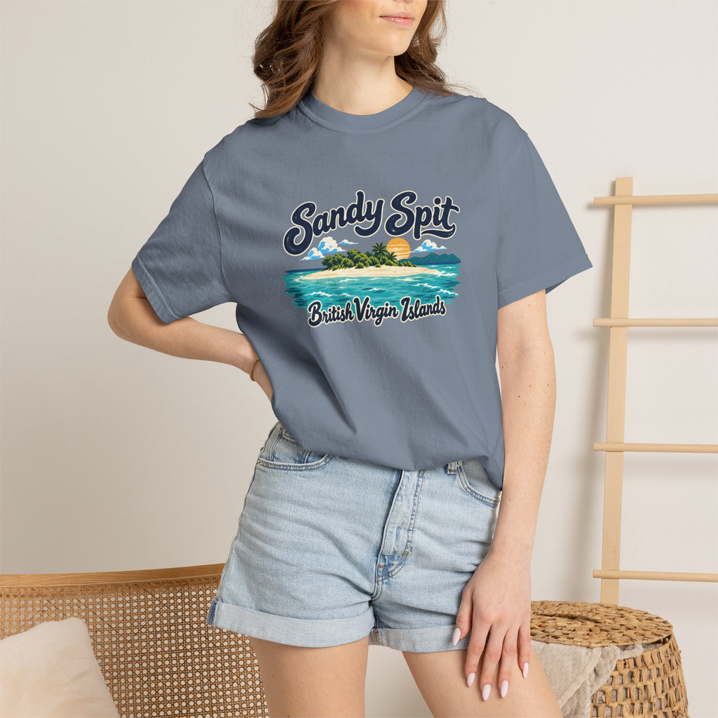 Model wearing the Sandy Spit BVI Comfort Colors 1717 T-shirt with colorful palm-tree island artwork and British Virgin Islands lettering.