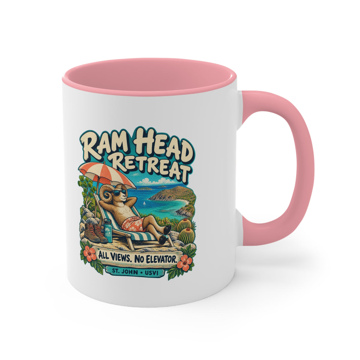 Ram Head Retreat St John USVI accent mug displaying the lounging ram design on its printed side.