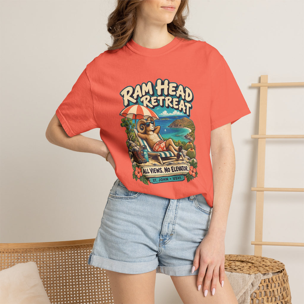 Model wearing a Comfort Colors 1717 T-shirt with the Ram Head Retreat lounging ram illustration and St. John USVI lettering.