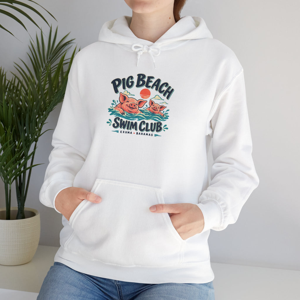 Model wearing the Pig Beach Swim Club Exuma Bahamas Gildan 18500 hoodie.
