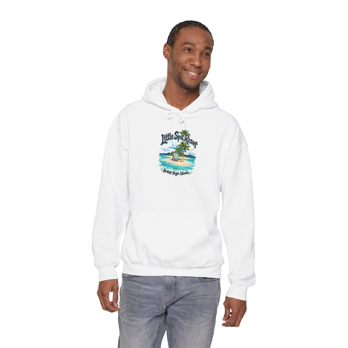 Model wearing the Little Spit Resort BVI Gildan 18500 hoodie with the beach-chair and palm-tree island graphic.