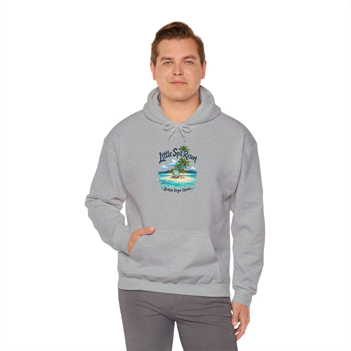 Model wearing the Little Spit Resort BVI Gildan 18500 hoodie with the beach-chair and palm-tree island graphic.