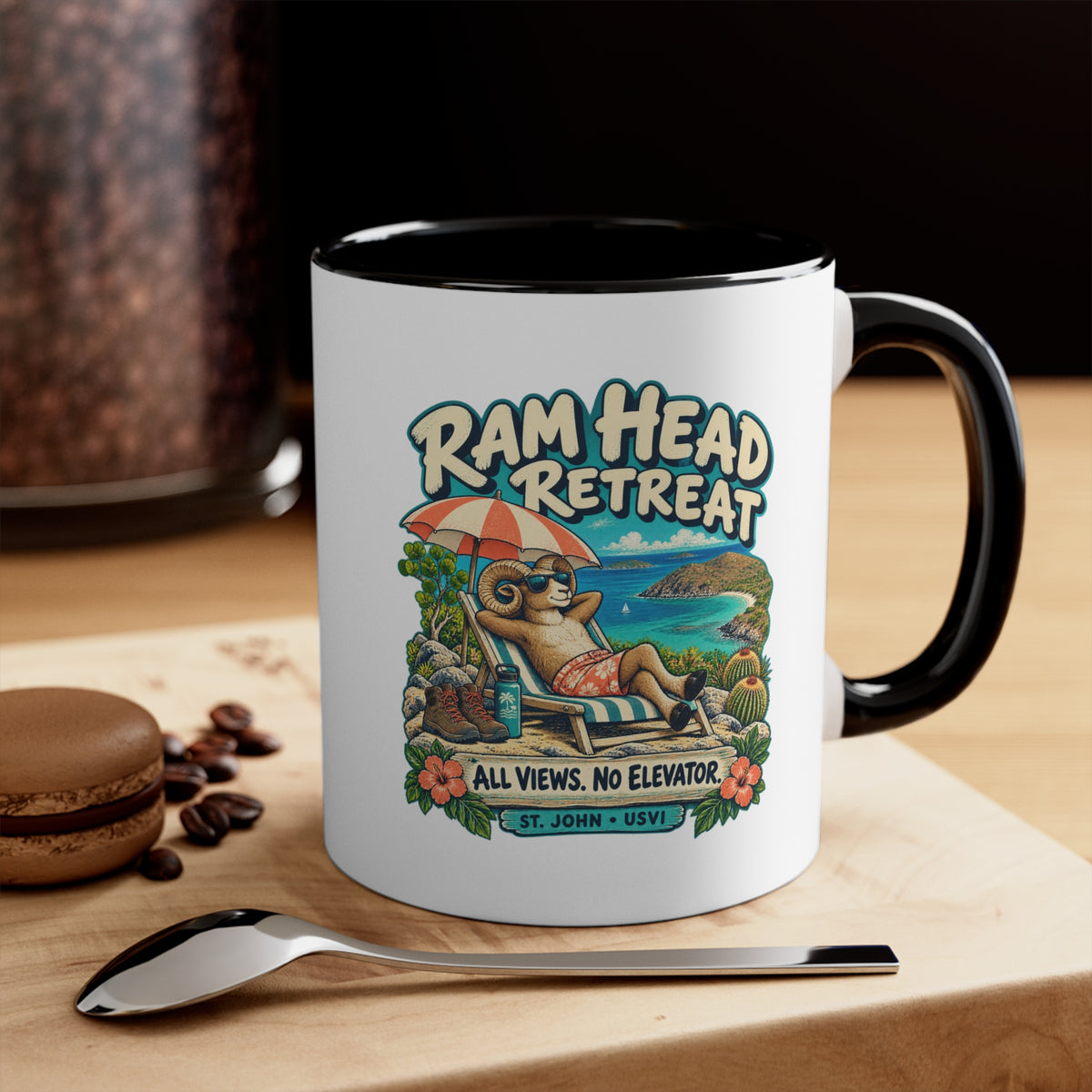 Ram Head Retreat St John USVI accent mug displaying the lounging ram design on its printed side.