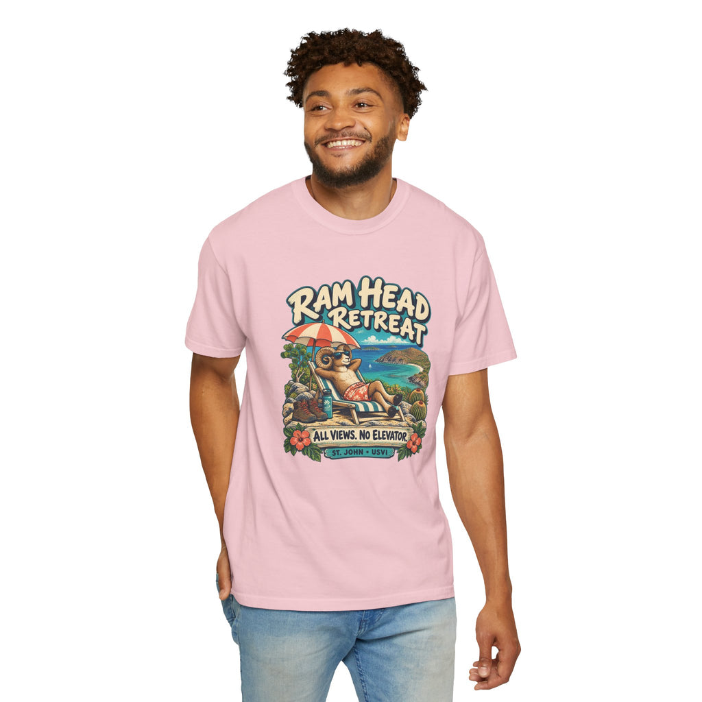 Model wearing a Comfort Colors 1717 T-shirt with the Ram Head Retreat lounging ram illustration and St. John USVI lettering.