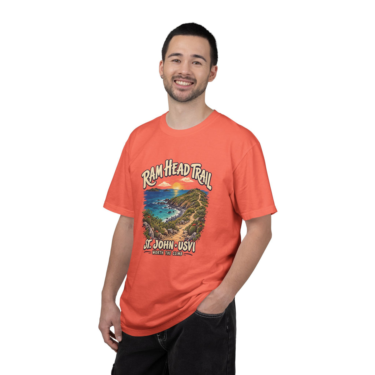 Model wearing a Comfort Colors 1717 T-shirt with the Ram Head Trail coastal illustration and St. John USVI lettering on the front.