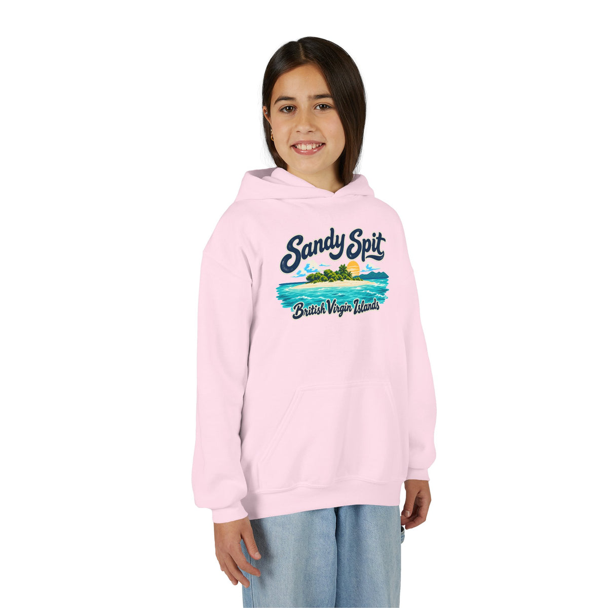 Young model wearing the Sandy Spit BVI Gildan 18500B youth hoodie, front-view mockup.
