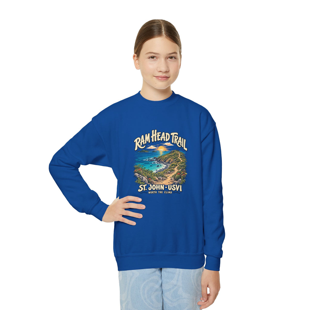 Youth model wearing a Gildan 18000B sweatshirt with Ram Head Trail St John USVI coastal artwork.