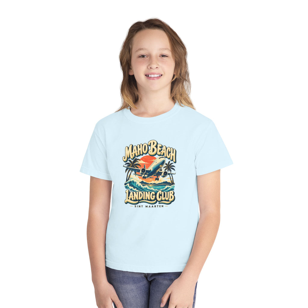 Maho Beach Landing Club Sint Maarten Comfort Colors 9018 Youth T-Shirt featuring the Maho Beach destination artwork, supplier product mockup