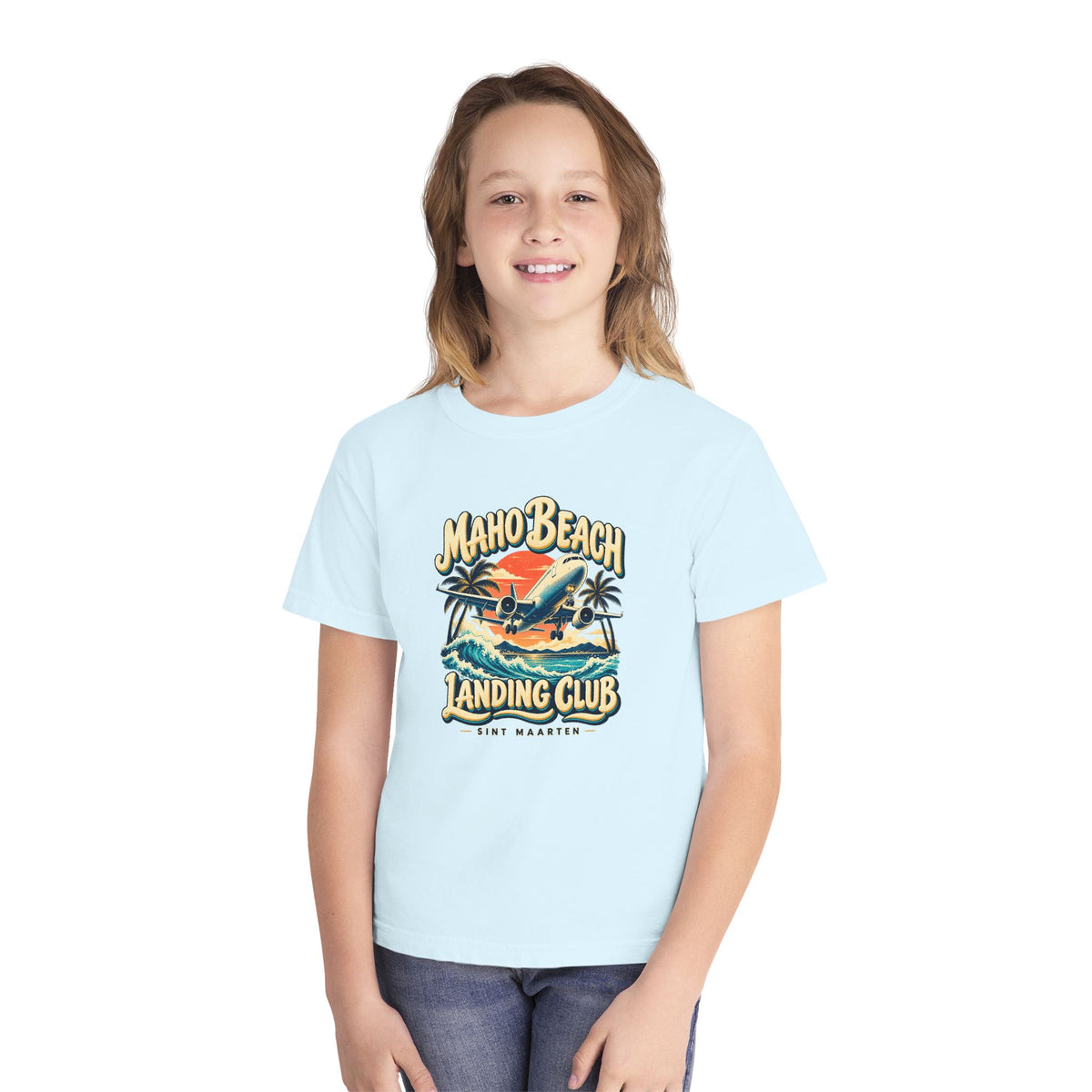 Maho Beach Landing Club Sint Maarten Comfort Colors 9018 Youth T-Shirt featuring the Maho Beach destination artwork, supplier product mockup