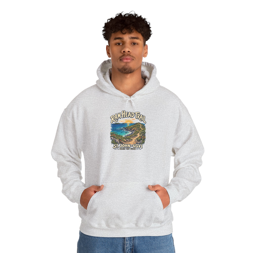 Model wearing a Gildan 18500 hoodie with the Ram Head Trail coastal design and St. John USVI lettering on the front.