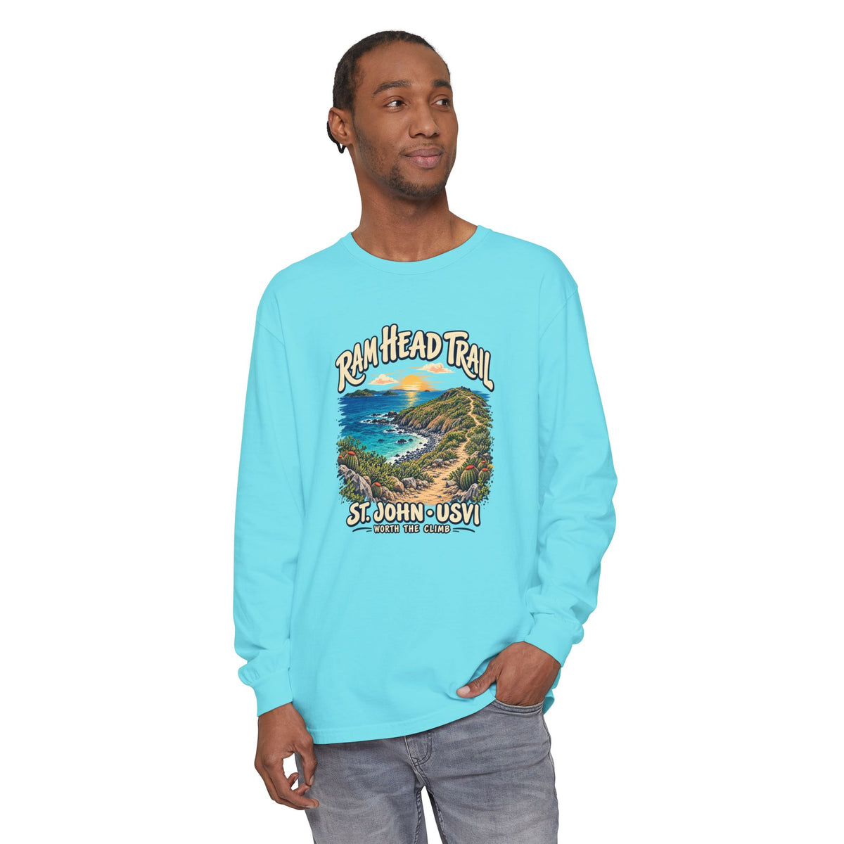 Model mockup of a Comfort Colors 6014 long-sleeve shirt featuring Ram Head Trail, St. John USVI coastal artwork and Worth the Climb lettering.