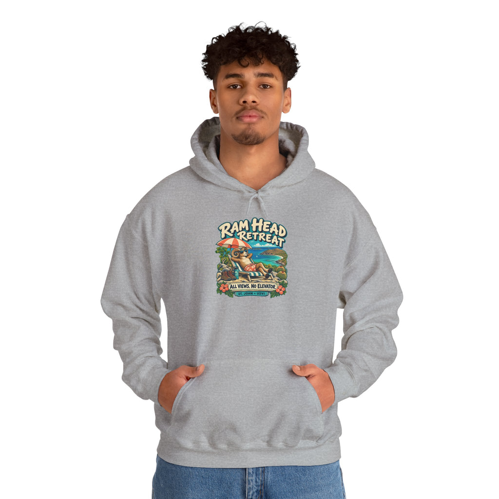 Model wearing a Ram Head Retreat St John USVI Gildan 18500 hoodie with lounging ram artwork.