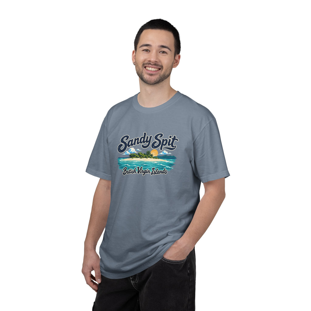 Model wearing the Sandy Spit BVI Comfort Colors 1717 T-shirt with colorful palm-tree island artwork and British Virgin Islands lettering.