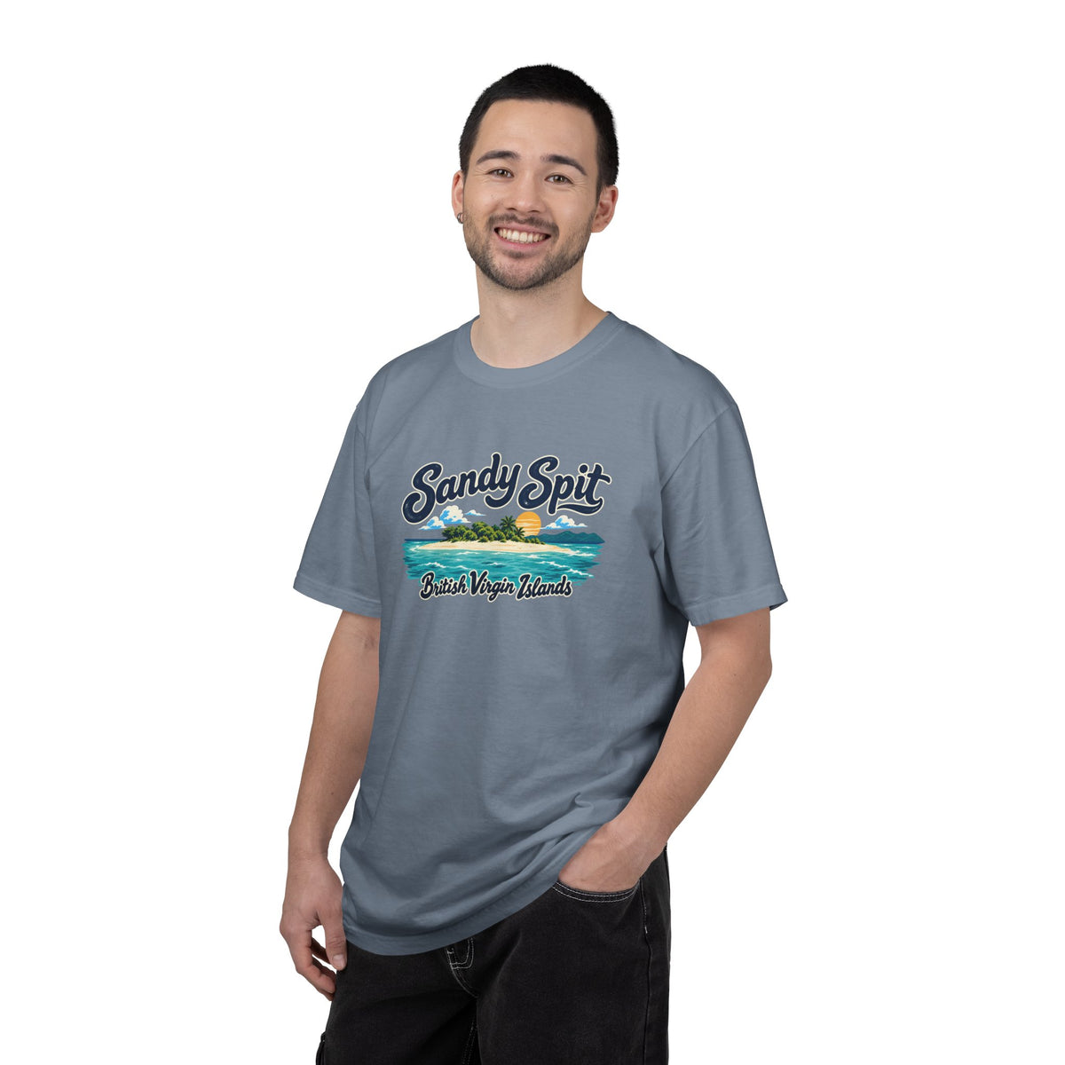 Model wearing the Sandy Spit BVI Comfort Colors 1717 T-shirt with colorful palm-tree island artwork and British Virgin Islands lettering.