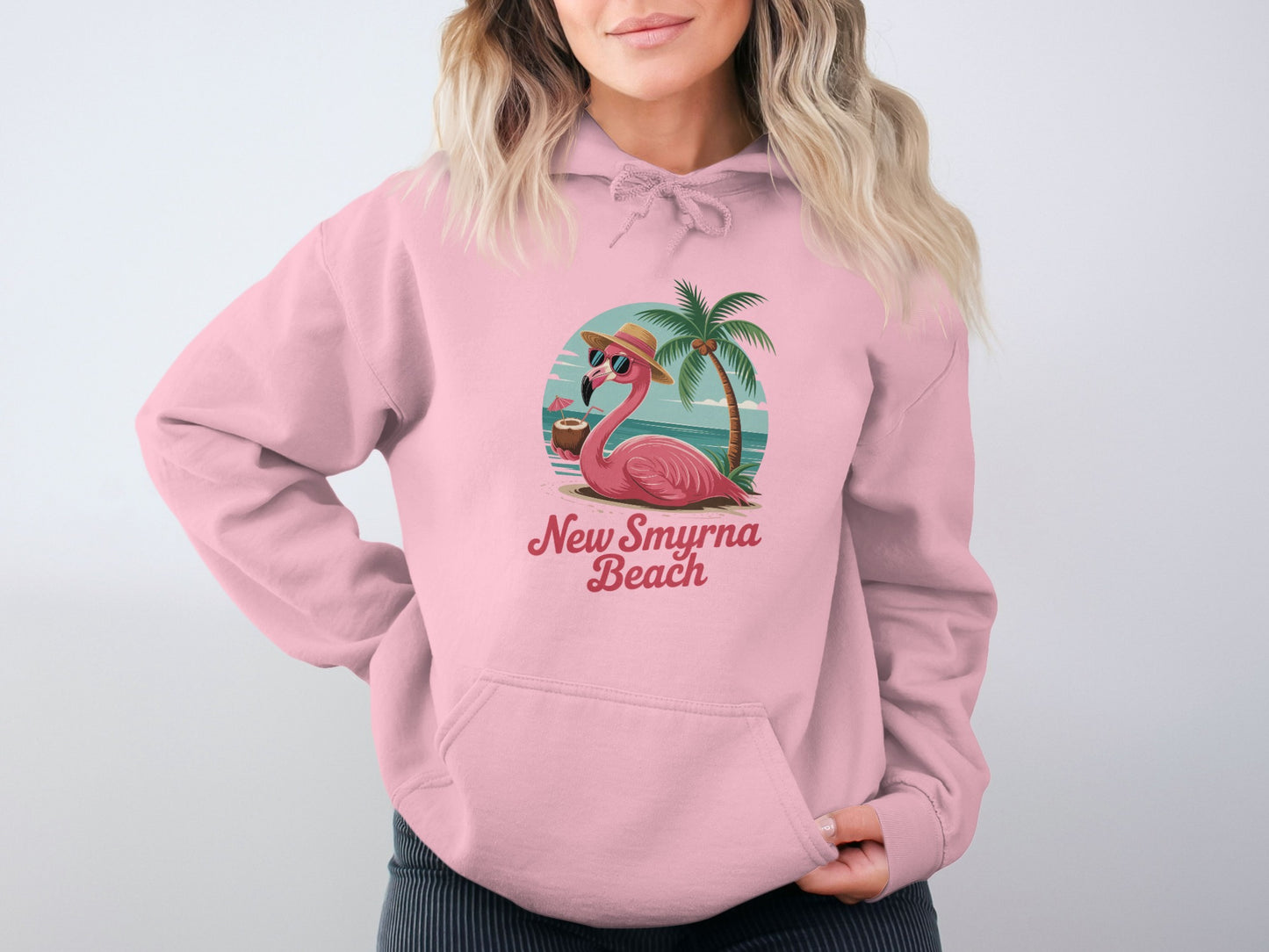 New Smyrna Beach Flamingo Hoodie Pink Apparel Product