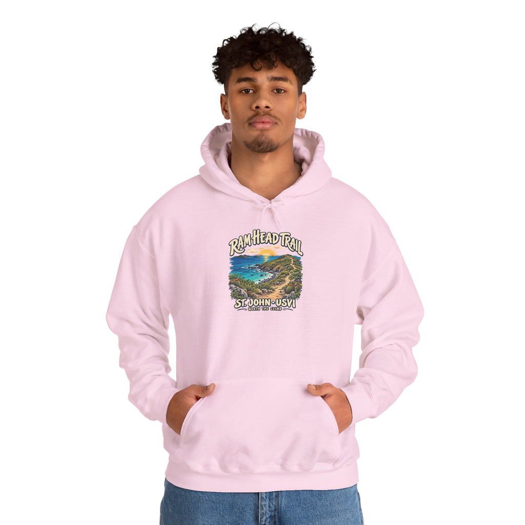 Model wearing a Gildan 18500 hoodie with the Ram Head Trail coastal design and St. John USVI lettering on the front.