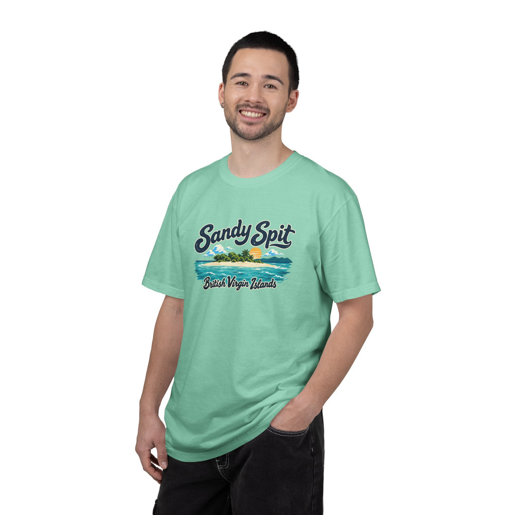 Model wearing the Sandy Spit BVI Comfort Colors 1717 T-shirt with colorful palm-tree island artwork and British Virgin Islands lettering.
