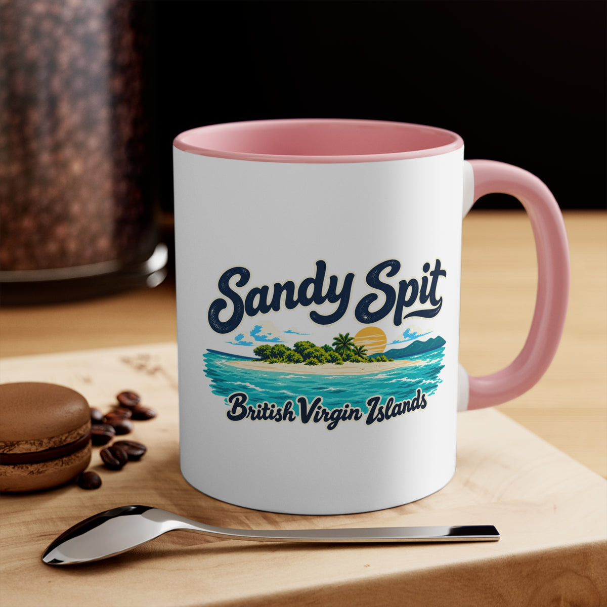 Sandy Spit BVI accent coffee mug displayed on a tabletop with coffee beans and a spoon.