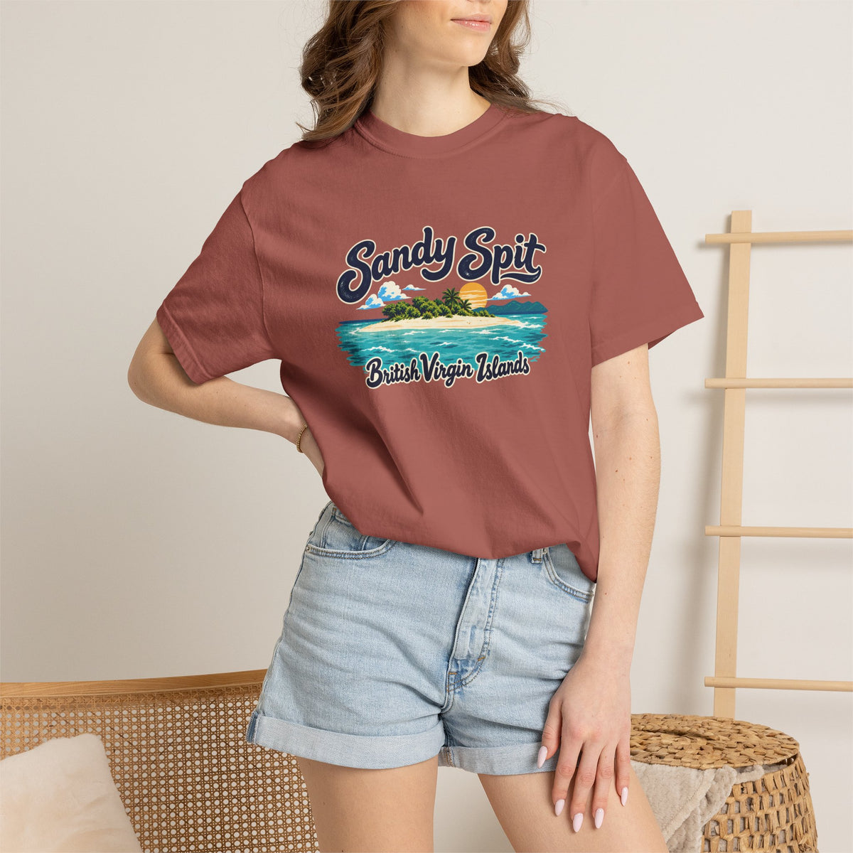 Model wearing the Sandy Spit BVI Comfort Colors 1717 T-shirt with colorful palm-tree island artwork and British Virgin Islands lettering.