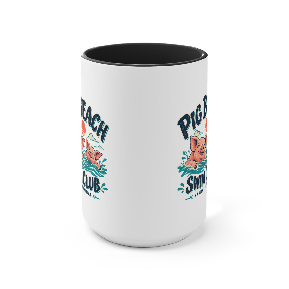 Pig Beach Swim Club Exuma Bahamas accent mug with colorful swimming-pig artwork printed on both sides.