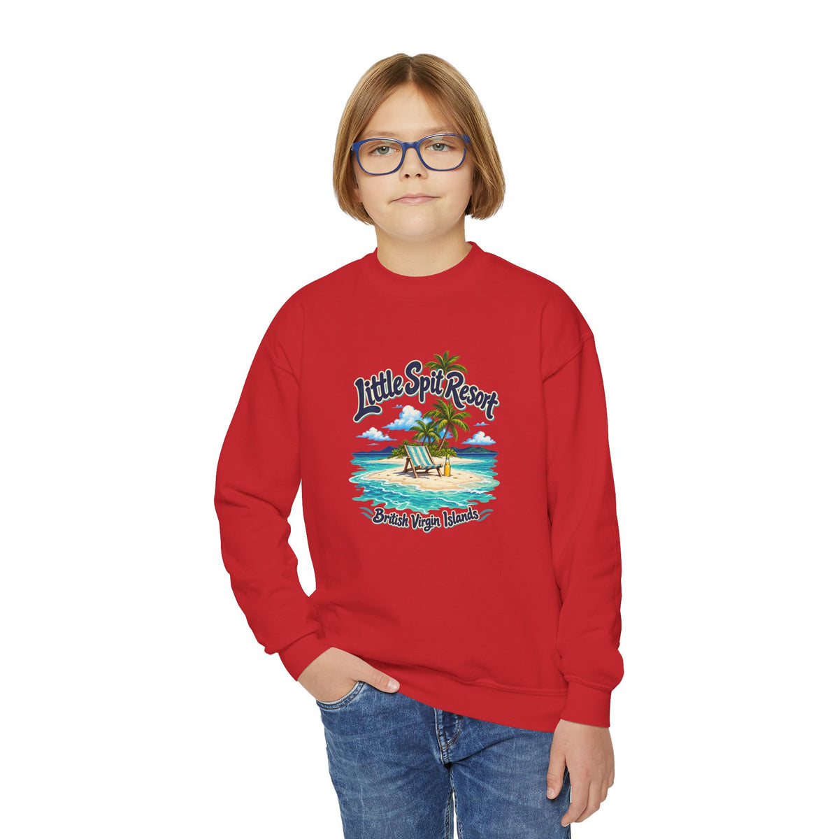 Youth model wearing the Little Spit Resort BVI Gildan 18000B sweatshirt with enlarged tropical artwork aligned high on the chest.